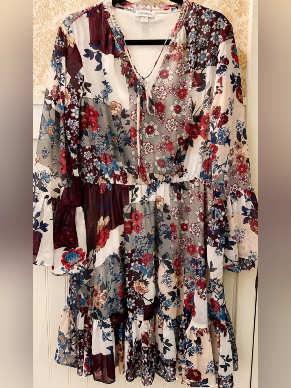 Calvin Klein Gray Dress with Red Floral Accents